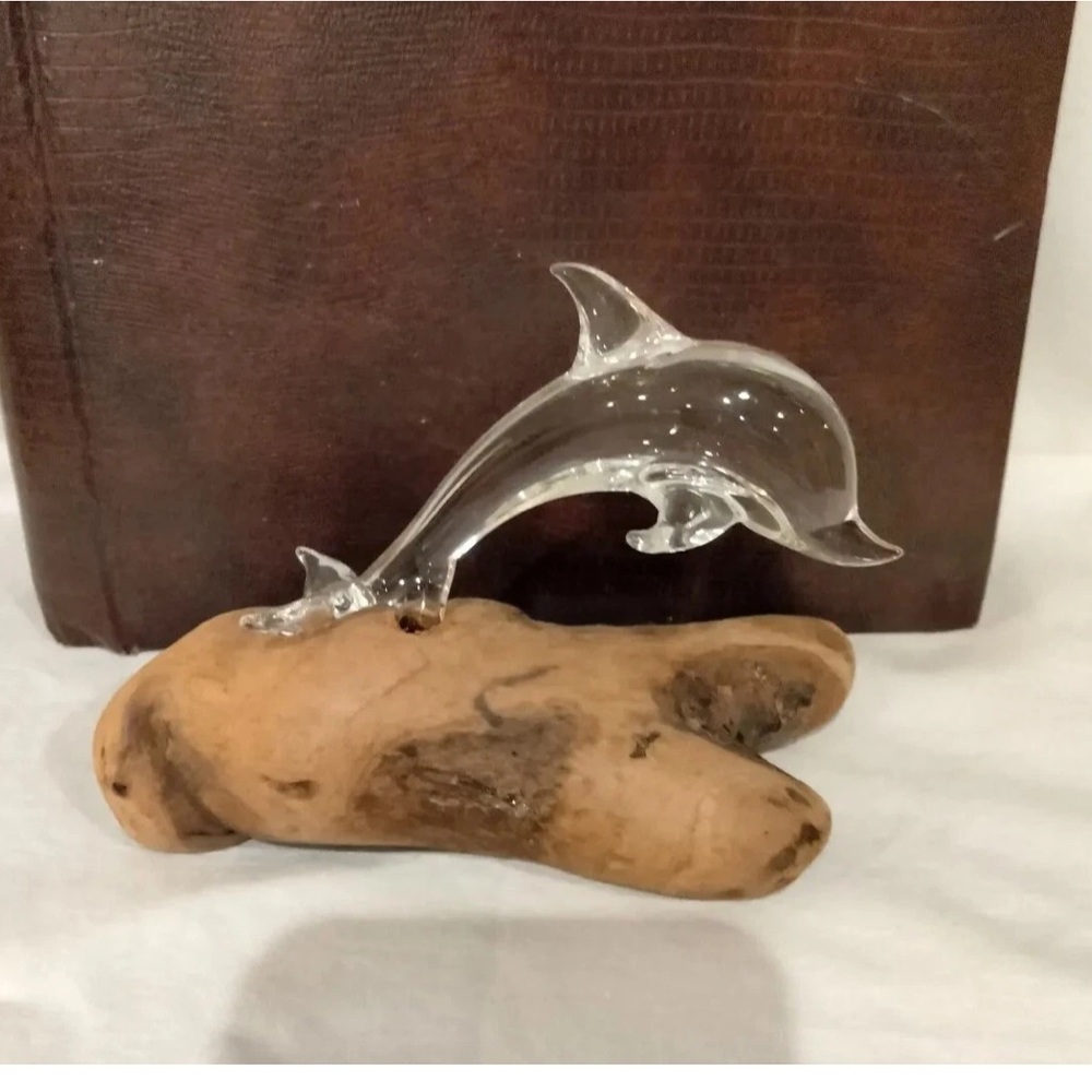 Clear Glass Dolphin on Real Wood Log Driftwood Base Sculpture Vintage Figurine